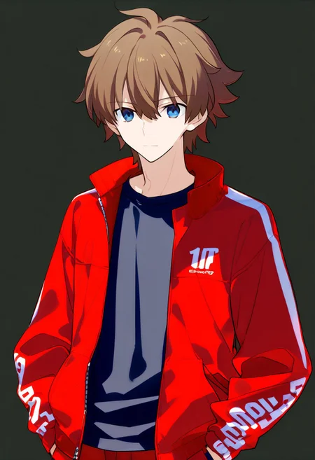 (score_9, score_8_up, score_7_up, source_anime), ((solo)), calm, closed mouth, 1boy, solo, peaceful, closed mouth, small smile, lazy, ((oreki_houtarou)), masculine, brown hair, blue eyes, short hair, ((spiky hair, pointy hair, messy hair)), hair between eyes, red tracksuit, red tracksuit, tracksuit jacket, red jacket, plain jacket, open jacket, black shirt, collard shirt, plain shirt, red trousers, hands in pockets, no background, dark background, cowboy shot, dark background, portrait, prototype design, Expressiveh, takeuchi takashi