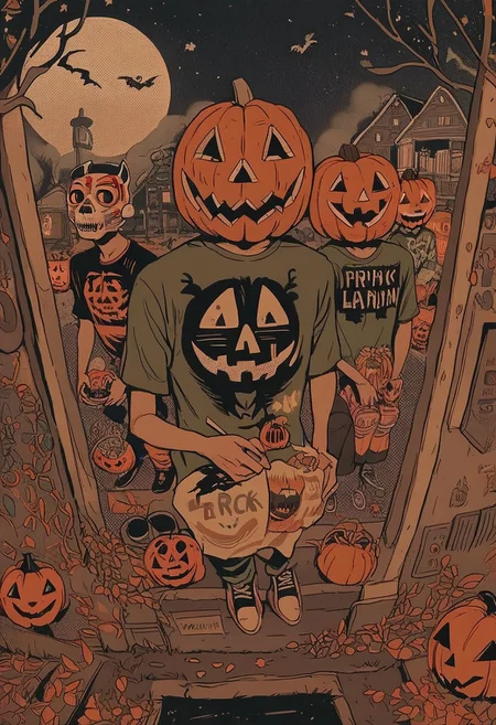 score_9, score_8_up, score_7_up, score_6_up, hllwn, halloween, vintage, jack-o'-lantern, halloween, shirt, pumpkin, moon, green shirt, t-shirt, print shirt, night, short sleeves, tree, mask, shoes, holding