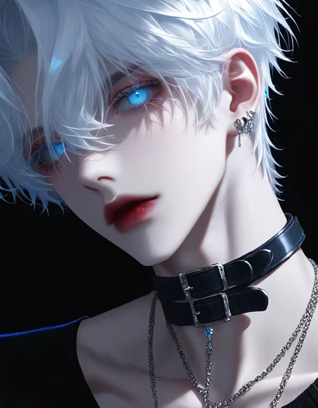 fantastical, ethereal aesthetic,a boy with white hair, blue eyes, and jewelry wearing a dark outfit
 <lora:fea_xl_v2:1>