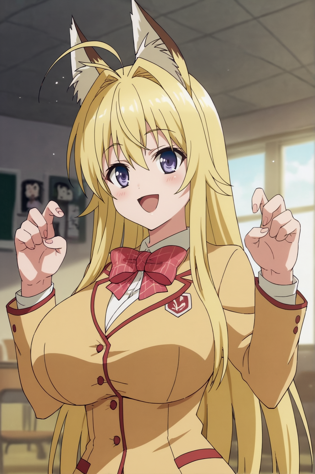 score_9, score_8_up, score_7_up,anime_source, source_anime, best background, detailed background, anime screencap,  Chizuri, 1girl, ahoge, long hair, school uniform, solo, animal ears, fox ears, blonde hair, seductive body, victory pose, sedictive smile, huge breasts, bow, dynamic angle, dynamic pose, dynamic camera, victory fingers,  indoors,  <lora:JN_Chizuru_Minamoto:0.8>