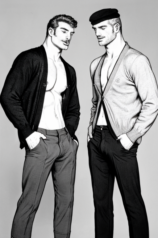 <lora:Kaked:0.8> k4k3, monochrome, two men, stubble, cardigan, trunks, in a boutique
