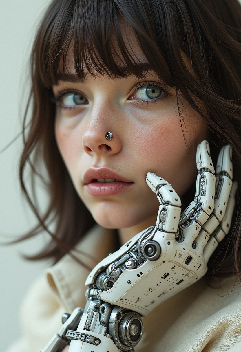 yfg-aarchy Cyberpunk highly detailed, high-resolution photograph. A close-up of a young woman's face and robotic hand. The subject has fair skin, blue eyes, and dark brown, shoulder-length hair with bangs that frame her face. Her expression is contemplative, with her lips slightly parted. She has a septum piercing, adding a metallic glint to her nose. The woman's left hand is robotic, made of intricate, metallic components that resemble advanced machinery, with visible wires and gears. The robotic hand is positioned near her face, with the fingers slightly bent and the palm facing forward, creating a dynamic and somewhat eerie contrast with her human features. The background is a plain, off-white, almost beige, providing a stark contrast to the metallic textures of the robotic hand. The lighting is soft and natural, highlighting the textures of both the skin and the metallic components, giving a sense of realism. The overall style of the artwork is hyper-realistic, with a focus on intricate details and textures, emphasizing the blend of human and machine. The image is a striking combination of science fiction and realism, capturing a moment of introspection and technological integration.