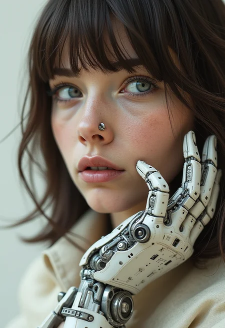 yfg-aarchy Cyberpunk highly detailed, high-resolution photograph. A close-up of a young woman's face and robotic hand. The subject has fair skin, blue eyes, and dark brown, shoulder-length hair with bangs that frame her face. Her expression is contemplative, with her lips slightly parted. She has a septum piercing, adding a metallic glint to her nose. The woman's left hand is robotic, made of intricate, metallic components that resemble advanced machinery, with visible wires and gears. The robotic hand is positioned near her face, with the fingers slightly bent and the palm facing forward, creating a dynamic and somewhat eerie contrast with her human features. The background is a plain, off-white, almost beige, providing a stark contrast to the metallic textures of the robotic hand. The lighting is soft and natural, highlighting the textures of both the skin and the metallic components, giving a sense of realism. The overall style of the artwork is hyper-realistic, with a focus on intricate details and textures, emphasizing the blend of human and machine. The image is a striking combination of science fiction and realism, capturing a moment of introspection and technological integration.