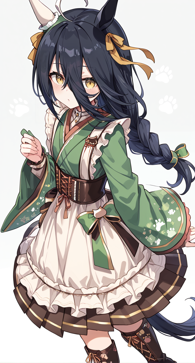 score_9,score_8_up,score_7_up,
official art,official style,game cg,megami magazine,
1girl,
mht verdant night,manhattan cafe (umamusume),manhattan cafe (verdant night) (umamusume),
ahoge,animal ears,black hair,blush,boots,corset,cross-laced footwear,
ear covers,green kimono,highres,horse ears,horse girl,japanese clothes,kimono,
lace-up boots,long bangs,long hair,long sleeves,maid,official alternate costume,official alternate hairstyle,
single ear cover,wa maid,yellow eyes,apron,hair between eyes,multicolored hair,
shirt,waist apron,white shirt,wide sleeves,horse tail,tail,brown skirt,pleated skirt,skirt,
bow,braid,braided ponytail,ear ribbon,green bow,grey background,hair bow,ribbon,
yellow ribbon,frilled apron,frills,brown corset,frilled kimono,paw print,eyelashes,low-tied long hair,
single braid,green ribbon,hair ribbon,
standing,
<lora:umamusume_manhattan_cafe_verdant_night_pony_v1:1>,
