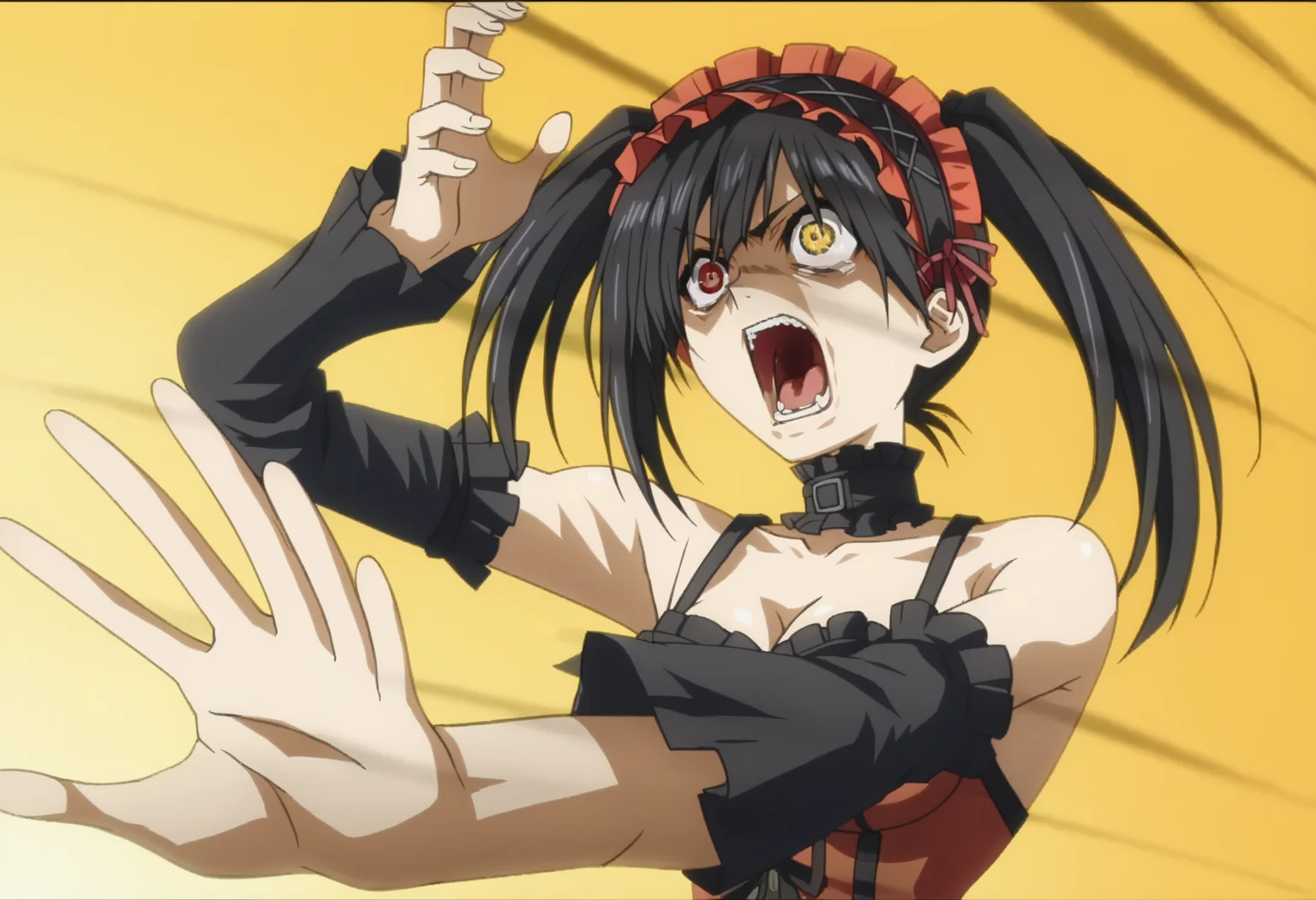 score_9, score_8_up, score_7_up, source_anime,
BREAK
<lora:shikaibaTestNoV1-000008:1>, kaibanodef,
open mouth, upper body, teeth, screaming, parody,
1girl, solo, anime screencap, anime coloring,
<lora:shiKurumiV2:1> kurdef, long hair, black hair, twintails, hairband, 
red eyes, yellow eyes, clock eyes, heterochromia, bare shoulders, detached sleeves, choker, red dress, cleavage, bow,