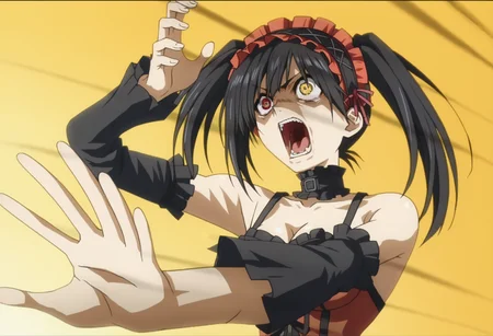 score_9, score_8_up, score_7_up, source_anime,
BREAK
<lora:shikaibaTestNoV1-000008:1>, kaibanodef,
open mouth, upper body, teeth, screaming, parody,
1girl, solo, anime screencap, anime coloring,
<lora:shiKurumiV2:1> kurdef, long hair, black hair, twintails, hairband,
red eyes, yellow eyes, clock eyes, heterochromia, bare shoulders, detached sleeves, choker, red dress, cleavage, bow,