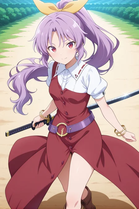 absurdres, highres, masterpiece, best quality, amazing quality, official anime artwork, screencap, anime screencap, outdoors, looking at viewer, light smile, dynamic pose, standing,
<lora:Watatsuki-no-Yorihime_Illustrious:1> watatsuki no yorihime, 1girl, solo, red eyes, puple hair, long hair, ponytail, small breasts,, hair ribbon, yellow ribbon, white shirt, puffy short sleeves, red dress, single strap, buttons, purple belt, loose belt, bracelet, brown boots, katana,