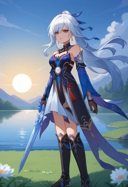 score_9, score_8_up, score_7_up, source_anime, 1girl, jingliudef, red eyes, white hair, long hair, high ponytail, earrings, jewelry, medium breasts, bare shoulders, detached sleeves, blue sleeves, blue dress, cleavage, black gloves, white skirt, black footwear, boots, serious, standing, holding weapon, holding sword, looking at viewer, outdoors, lake, grass, sun, upper body, <lora:Jingliu_v1-000010:1>