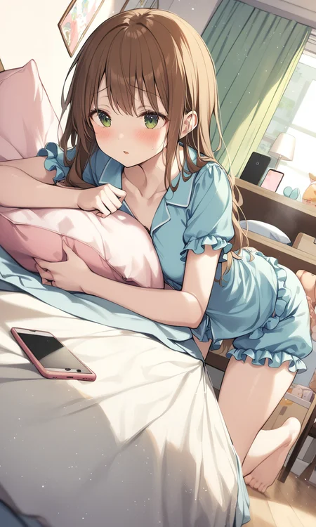 1girl, sensitive, solo, long hair, blush, shirt, brown hair, green eyes, short sleeves, shorts, indoors, pillow, on bed, phone, blue shirt, cellphone, smartphone, pajamas, frilled shorts