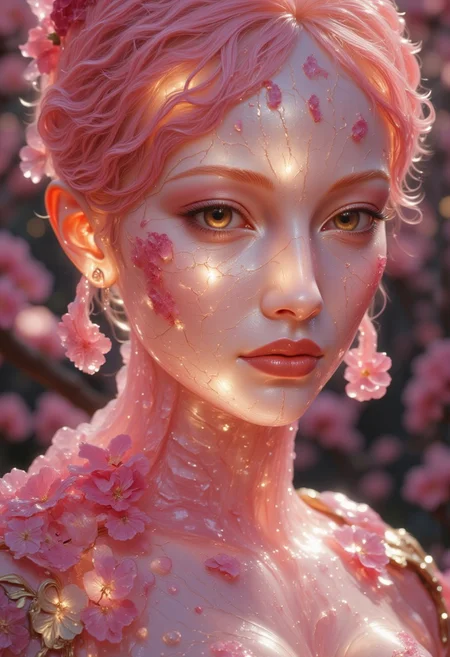 Close-up portrait of a statue of a an asian woman staring at the viewer. Her head and body are semi-translucent, polished Rose Quartz, with numerous, glowing, fine, hairline cracks covering the head and down her neck creating a statue-like effect. Her eyes are a light pink color, gold dust eye shadow, and her lips are a rich, gold-colored lipstick. The lighting focuses on the face, creating strong highlights and shadows. The background is softly blurred showing a sea of cherry blossoms petals, but is blurred and out of focus so all visual attention is on the woman's eyes, nose and mouth. Her pink, curly hair blends in with the background. The overall impression is one of dramatic beauty, with an almost otherworldly quality. (((ultra-realistic style))), realistic soft lighting, eye-catching, atmospheric lighting, natural, shallow depth of field, (highlights: 0.8), high detail (dynamic, sincere, cinematic shot, film grain, bokeh, depth of field) <lora:FLUX-daubrez-DB4RZ-v2:1> DB4RZ, DB4RZ style painting