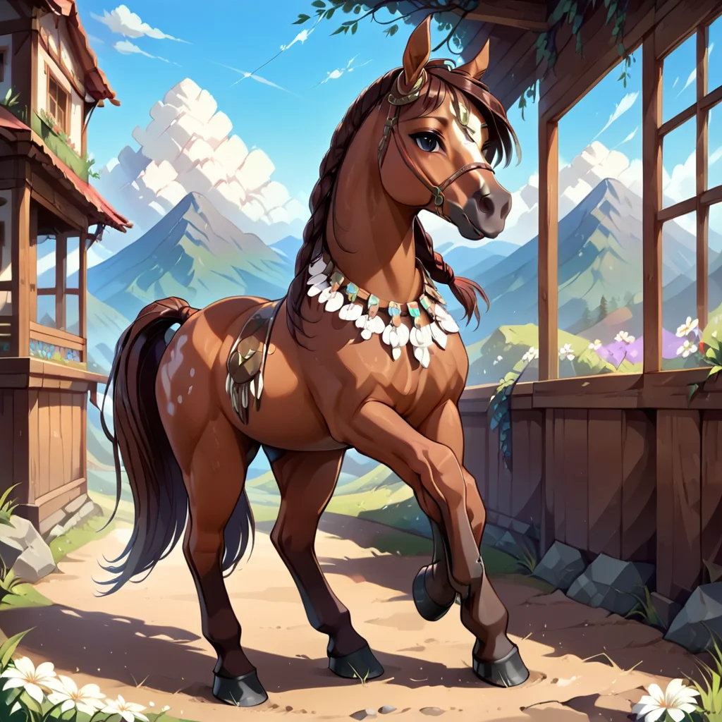 looking back, window, horse, mountain, house, jewelry, looking at viewer, sky, horse ears, braid, artist name, tiles, standing, rock, white flower, necklace, horse tail, cloud, 1girl