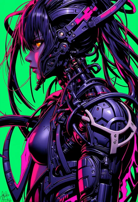 In the style of surrealism, a anime hero like Evangelion Unit-01in front of a solid acid green background. , <lora:bv-neoartsty.safetensors:1.0:1.0>
