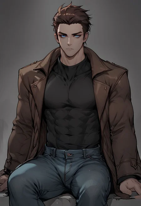 score_9, score_8_up, score_7_up, 1 man, shen, shen from league of legends, brown hair, muscular man, blue eyes, coat, jeans, black shirt, sitting alone, loneliness, silence, empty look, greyscale