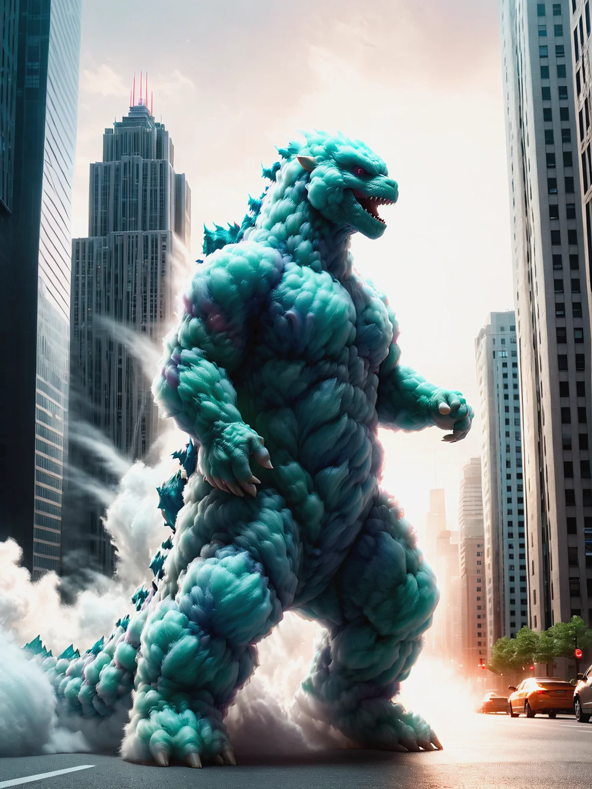 mad-cttncndy godzilla in the middle of a city, fluffy, highrises, cityscape, street, dynamic pose, cinematic shot, great lighting <lora:Cotton_Candy_SDXL:1.2>, (masterpiece:1.2), best quality