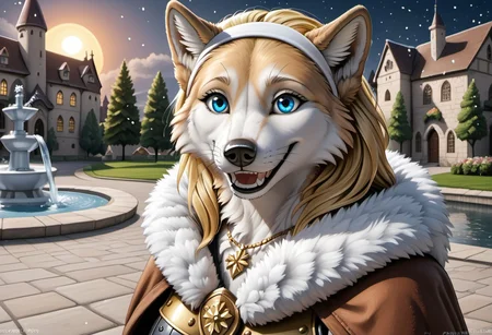 anthro, female wolf, artic wolf, voluptuous figure, tufted fur, tufted ears, cheast tuft, fluffy canine tail, detailed fur, detailed body, detailed face, open smile, long blonde hair, canine teeth, medieval castle, outside, garden, water fountain, kneeling, white fur, blue eyes, golden necklace, golden knight armor, whiskers, detailed background, solo, winter season, sunrise, fur coat, hood, white hairband, snowing, armored skirt, night,