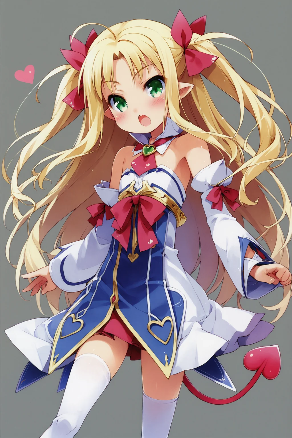 score_9,score_8_up,score_7_up,masterpiece,best quality,very aesthetic,absurdres,official art,official style,
Astarotte Ygvar,1girl,solo,tail,blonde hair,green eyes,demon tail,long hair,thighhighs,detached sleeves,pointy ears,twintails,zettai ryouiki,blush,ribbon,heart,bare shoulders,white thighhighs,open mouth,hair ribbon,two side up,
<lora:Haga yui_XL_PONY:0.8>,