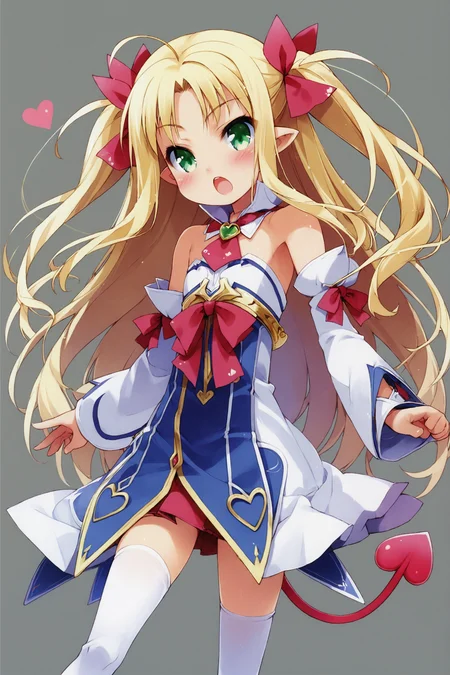 score_9,score_8_up,score_7_up,masterpiece,best quality,very aesthetic,absurdres,official art,official style,
Astarotte Ygvar,1girl,solo,tail,blonde hair,green eyes,demon tail,long hair,thighhighs,detached sleeves,pointy ears,twintails,zettai ryouiki,blush,ribbon,heart,bare shoulders,white thighhighs,open mouth,hair ribbon,two side up,
<lora:Haga yui_XL_PONY:0.8>,