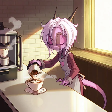 score_9, score_8_up, score_7_up,namah_calah,
1girl,solo,furry,tail, source_furry,horns,
,<lora:namah_calah_illustrious:0.8>,
child, kid,
pouring steamed milk into a latte, creating a heart shape. A cinnamon stick rests on the saucer, and sunlight glints off the espresso machine, cafe, latte, steam, heart_shape, cinnamon, saucer, espresso_machine, apron, countertop, barista, coffee_cup, sunlight