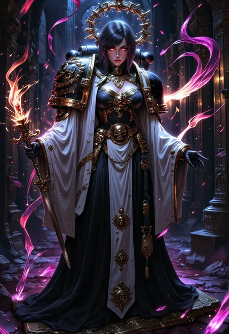 A beautiful sinister BlackT40k female space marine from Warhammer 40k, dressed in elaborate, flowing robes of black and white with gold embroidery decorated with the symbols of BlackT40k. her eyes glowing with an eerie otherworldly red light. She is surrounded by swirling arcane flames and tendrils of chaotic energy,. The setting is an ancient temple of chaos filled with occult runes and glowing sigils with shadows that twist and warp. The mood is mysterious and foreboding with vibrant colors and intricate details conveying a sense of dark forbidden knowledge.
Hyper detailed, aidmaGlow, aidmaMJ6.1, mythp0rt