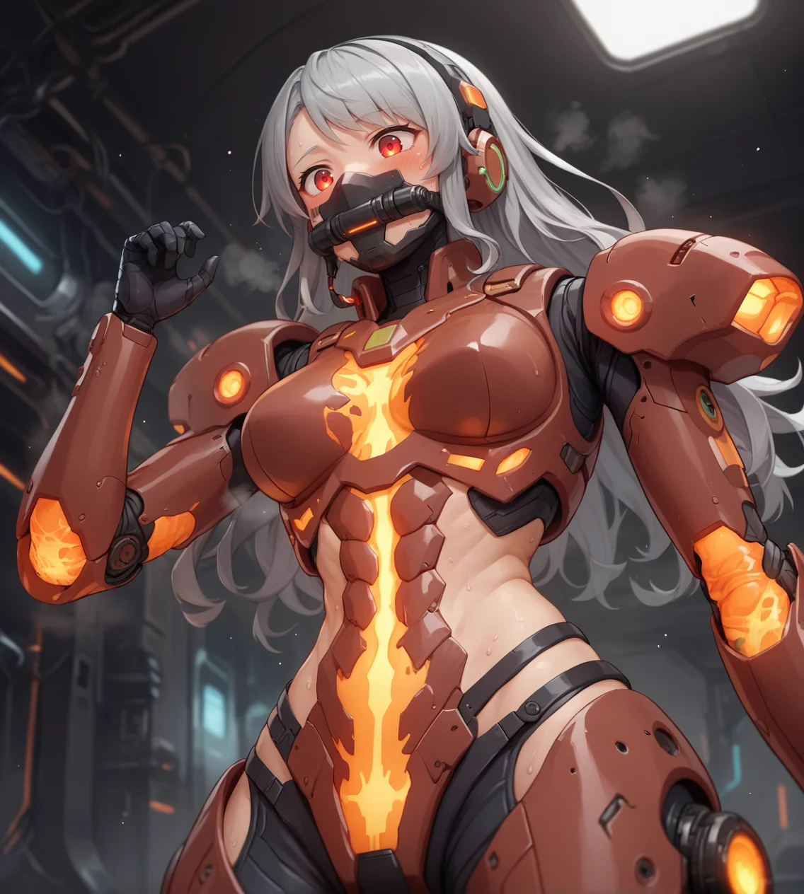 score_9,score_8_up,score_7_up,score_6_up,source anime BREAK,1girl,solo,mecha,science fiction,dark background,science fiction,barcode tattoo,tube,futuristic,cyberpunk,cockpit,space,medium breasts,from below,armor,body armor,gloves,,,sweat,steaming body,zero gravity,covered mouth,oxygen mask,sweat,grey hair,long hair,curly hair,hair pulled back,,hairband,,red eyes,,,,,,,happy,blush
magma, lava, glowing, molten rock,
<lora:magma_12_lbw_2:1.2>