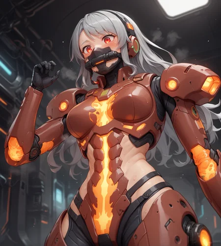 score_9,score_8_up,score_7_up,score_6_up,source anime BREAK,1girl,solo,mecha,science fiction,dark background,science fiction,barcode tattoo,tube,futuristic,cyberpunk,cockpit,space,medium breasts,from below,armor,body armor,gloves,,,sweat,steaming body,zero gravity,covered mouth,oxygen mask,sweat,grey hair,long hair,curly hair,hair pulled back,,hairband,,red eyes,,,,,,,happy,blush
magma, lava, glowing, molten rock, 
 <lora:magma_12_lbw_2:1.2>
