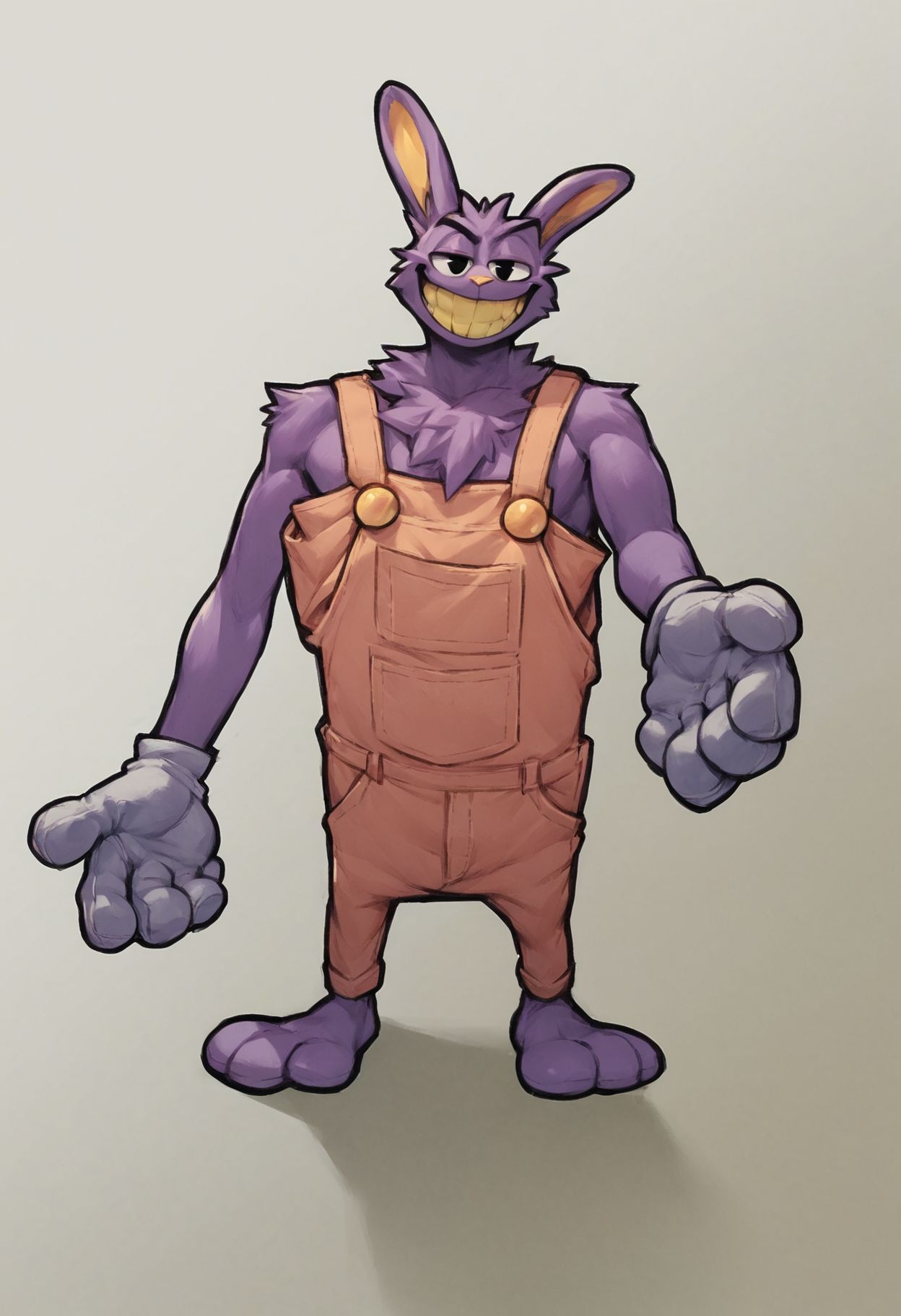 score_9, score_8_up, score_7_up, jax, solo, looking at viewer, smile, gloves, 1boy, animal ears, standing, male focus, rabbit ears, black eyes, pink overalls, big yellow buttons, furry, furry male, yellow gloves, full body, no shoes, purple fur, yellow teeth, yellow iris, skinny, big feet <lora:Jax:1.0>