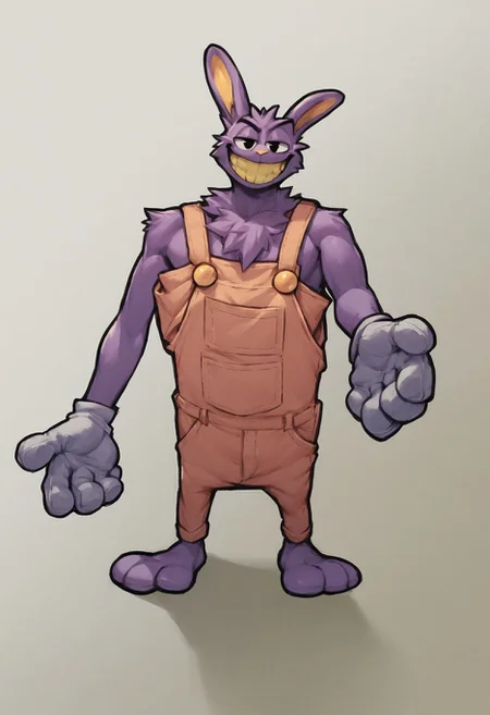 score_9, score_8_up, score_7_up, jax, solo, looking at viewer, smile, gloves, 1boy, animal ears, standing, male focus, rabbit ears, black eyes, pink overalls, big yellow buttons, furry, furry male, yellow gloves, full body, no shoes, purple fur, yellow teeth, yellow iris, skinny, big feet <lora:Jax:1.0>