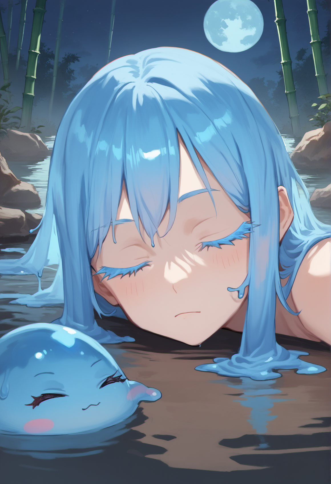 score_9, score_8_up, score_7_up, score_6_up, tsepmet_urumir_xl, rimuru tempest, slime girl, long hair, blue hair, partially submerged, lake, moonlight, bamboo, close-up, on stomach, peaceful, colored eyelashes, blue eyelashes, jirai kei, 
onsen, closed eyes, blue moon, serenity, dark, night, 
<lora:Rimuru_Tempest_XL_Pony:1>
<lora:Concept Art Twilight Style SDXL_LoRA_Pony Diffusion V6 XL:1>