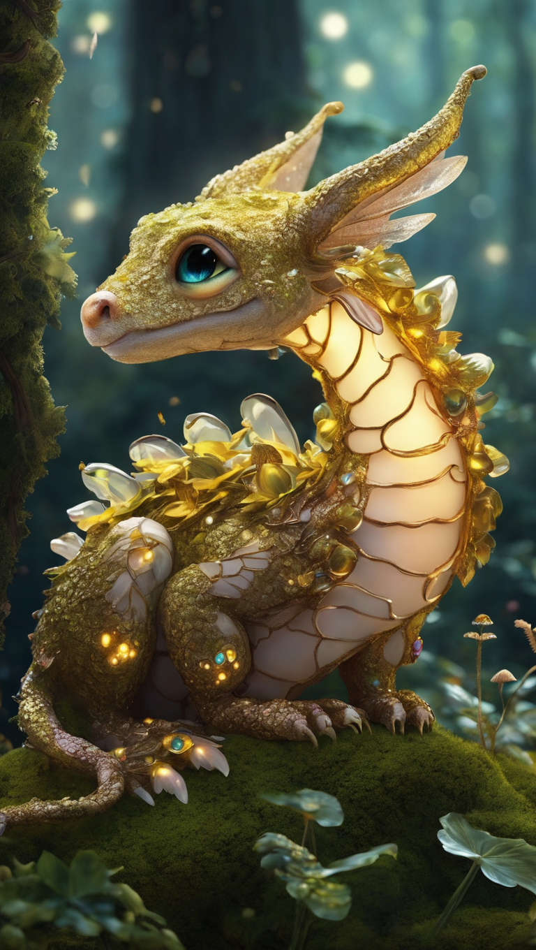 Cinematic, ultra-detailed 8k capture of a cherubic baby dragon nestled amidst a bed of luminescent mushrooms. Its iridescent scales shimmer in the dappled sunlight filtering through ancient, moss-covered trees. Tiny wings flutter with curiosity, while its large, round eyes, filled with wonder, gaze upwards at floating spores that resemble golden fireflies. A gentle curl of smoke rises from its snout, hinting at its fiery lineage, while its playful tail wraps around a nearby crystal, causing it to glow with a soft, magical light. The backdrop is an ethereal, enchanted forest, alive with the whispers of other fantastical creatures, creating a scene straight out of a fairy tale