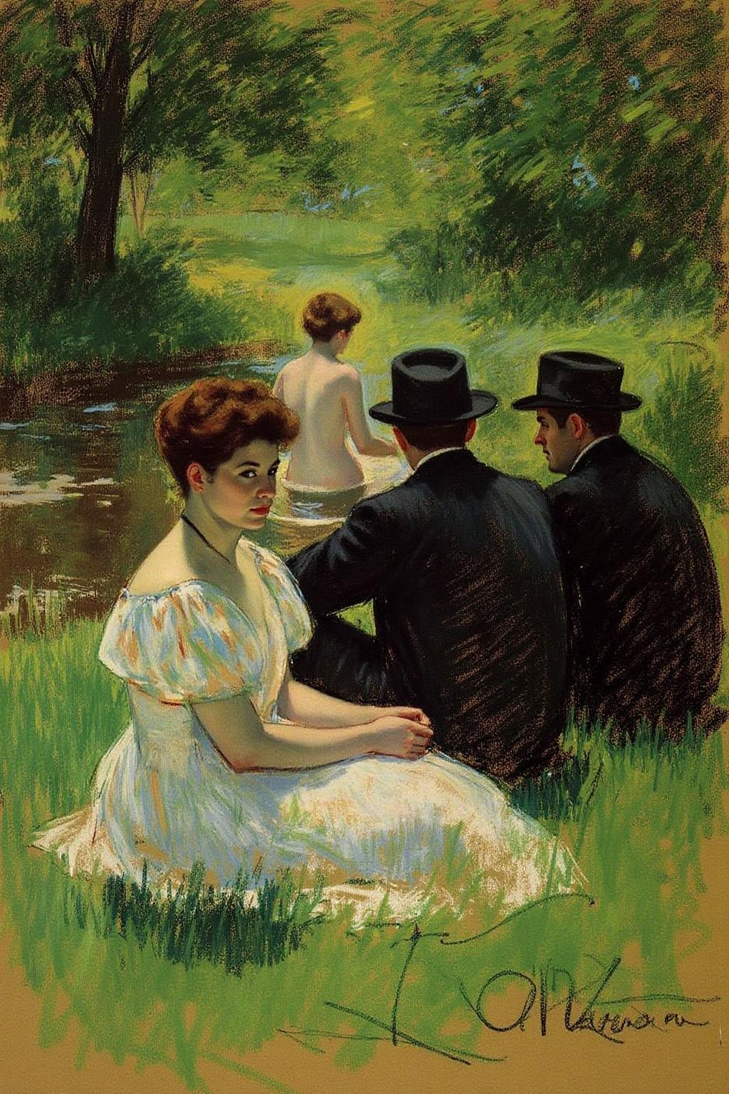 marycassatt2 drawing.
A picnic scene set in a lush, green woodland clearing. On the left is a woman, shown in side profile view, sits confidently on the grass. Her head turned to gazing directly at the viewer. Her dark hair is style in an messy updo. On the right, two fully dressed men in dark suits and hats sit casually, engaged in conversation. In the background, another woman, partially clothed, bathes in a shallow stream in the background, her figure partially obscured by trees and soft foliage. The scene captures dappled sunlight filtering through the leaves, creating rich tonal contrasts between light and shadow, <lora:marycassatt2_cap_d6a3:1.0><lora:840648700679385867:0>