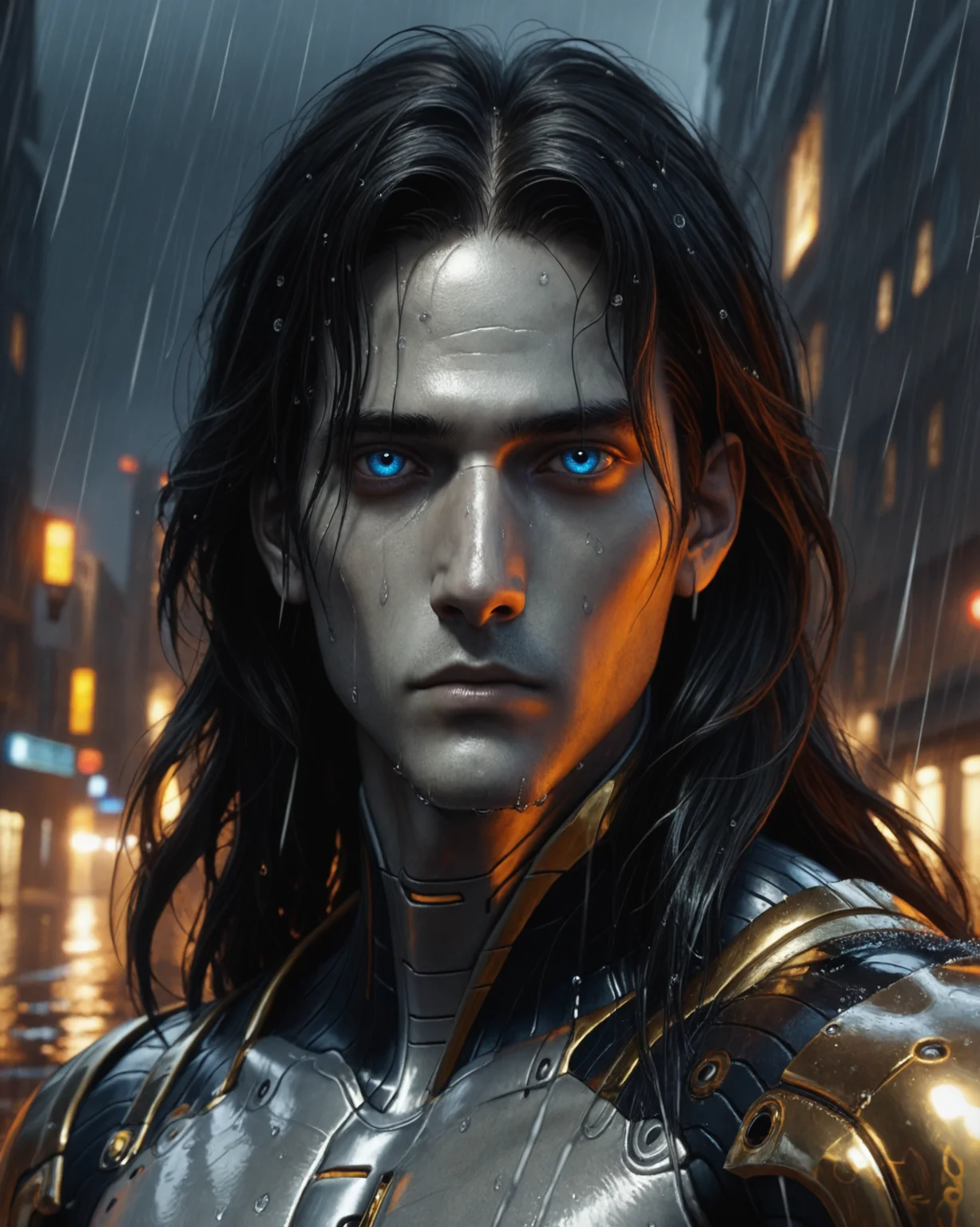 score_9, score_8_up, score_7_up, rating_questionable, intricately detailed,
<lora:Archon_XCOM_2:0.6>,
1boy(arch0n, blue eyes, black hair, long hair, colored skin, grey skin, grey face:2, grey nose:2, grey cheeks:2, grey forehead, bare chest, gold pauldrons, black neck, mechanical shoulders, mechanical neck, grey face, portrait, face focus, solo, looking at the viewer, 
from the front), 
rain, wet street, wet, science fiction city, futuristic buildings, high rises, on a road, at night, darkness, rainfall, dark theme, 
detailed background, depth of field, 
<lora:ral-chrosc-clr:0.7>, ral-chrosc-clr,
<lora:Expressive_H:0.5>, Expressiveh,
<lora:xl_more_art-full_v1:0.3>,
<lora:add-detail-xl:0.3>