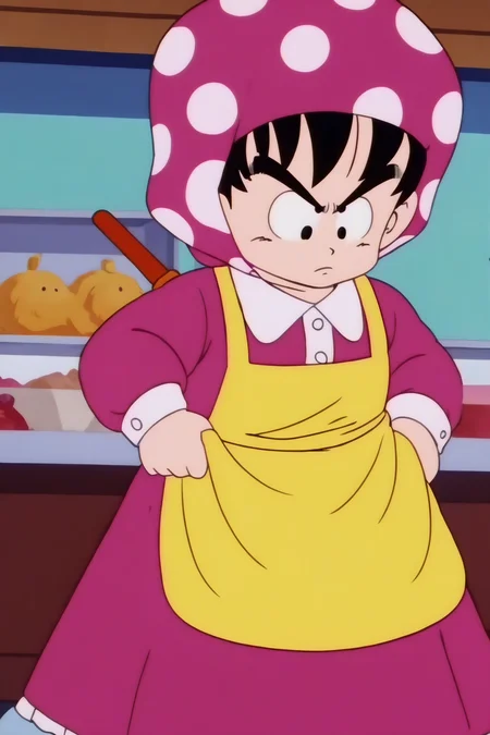 source_anime, score_9, score_8_up, score_7_up, anime screencap,8k, absurd res,
son goku, solo, black hair, long sleeves, 1boy, pink dress, male focus, black eyes, apron, v-shaped eyebrows, frown, polka dot, shawl, clothes grab, child, crossdressing, male child, yellow apron, looking down, 1980s \(style\), chibi, nyoibo, weapon on back, retro artstyle
<lora:gokudb_pony_v2:0.8>