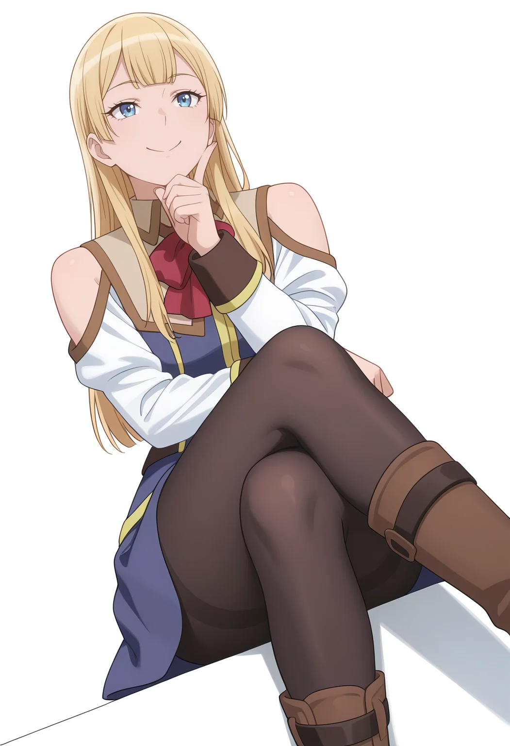 Smooth Quality,masterpiece,very intricate, high quality details, ultra realistic, high detailed skin,
simple background, white background,
dutch angle,c:,pointing up,sitting pose, legs crossed, one hand resting on chin, playful smile, relaxed shoulders, ,
<lora:Rembrandt_Sifcnn:0.7> RembrandtSif/cnn, 1girl, solo, long hair, blonde hair, blue eyes,
pantyhose, skirt, black pantyhose,boots, uniform,