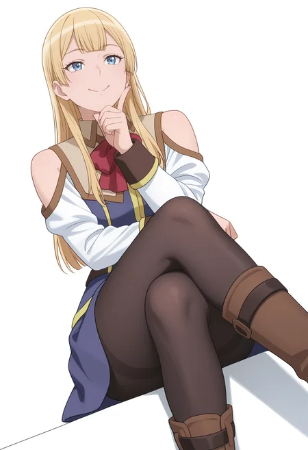 Smooth Quality,masterpiece,very intricate, high quality details, ultra realistic, high detailed skin,
simple background, white background,
dutch angle,c:,pointing up,sitting pose, legs crossed, one hand resting on chin, playful smile, relaxed shoulders,  ,
<lora:Rembrandt_Sifcnn:0.7> RembrandtSif/cnn, 1girl, solo, long hair, blonde hair, blue eyes,
pantyhose, skirt, black pantyhose,boots, uniform,