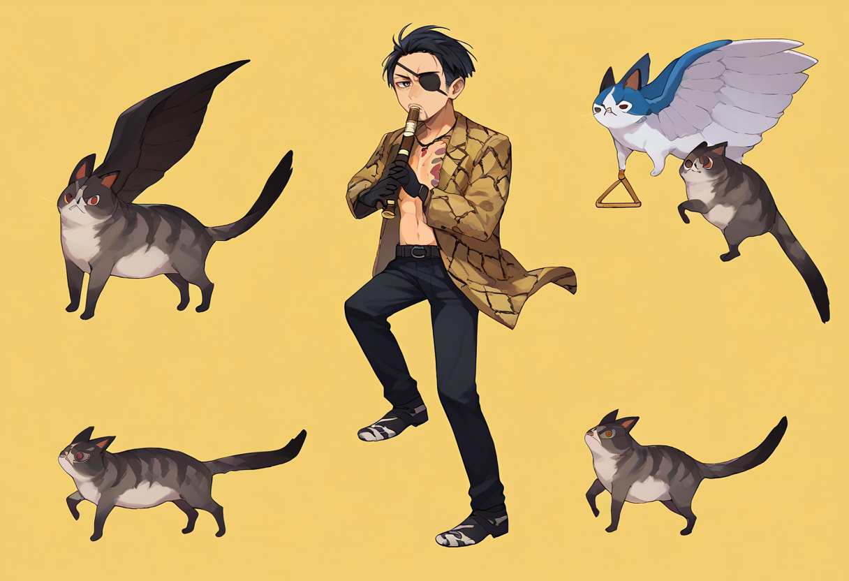 score_9, score_8_up, score_7_up, source_anime, simple background, yellow background, solo, male focus, 1boy, majimaDEF, kyoufuuallback, full body, standing on one leg, holding flute, eyepatch, tattoo, necklace, jacket, animal print, open clothes, black gloves, black pants <lora:concept_kyoufuuallback_ponyXL:1.1> <lora:majima-guy-PONYv1:1>