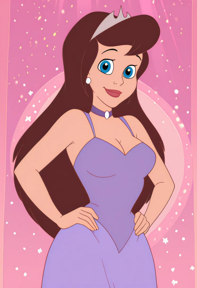 masterpiece, best quality, amazing quality, c14r4p, 1girl, brown hair, tiara, white earrings, purple choker, purple dress, hands on hips, looking at viewer, smile, cowboy shot, pink background, (colorful sparkles background, light rays:0.9),