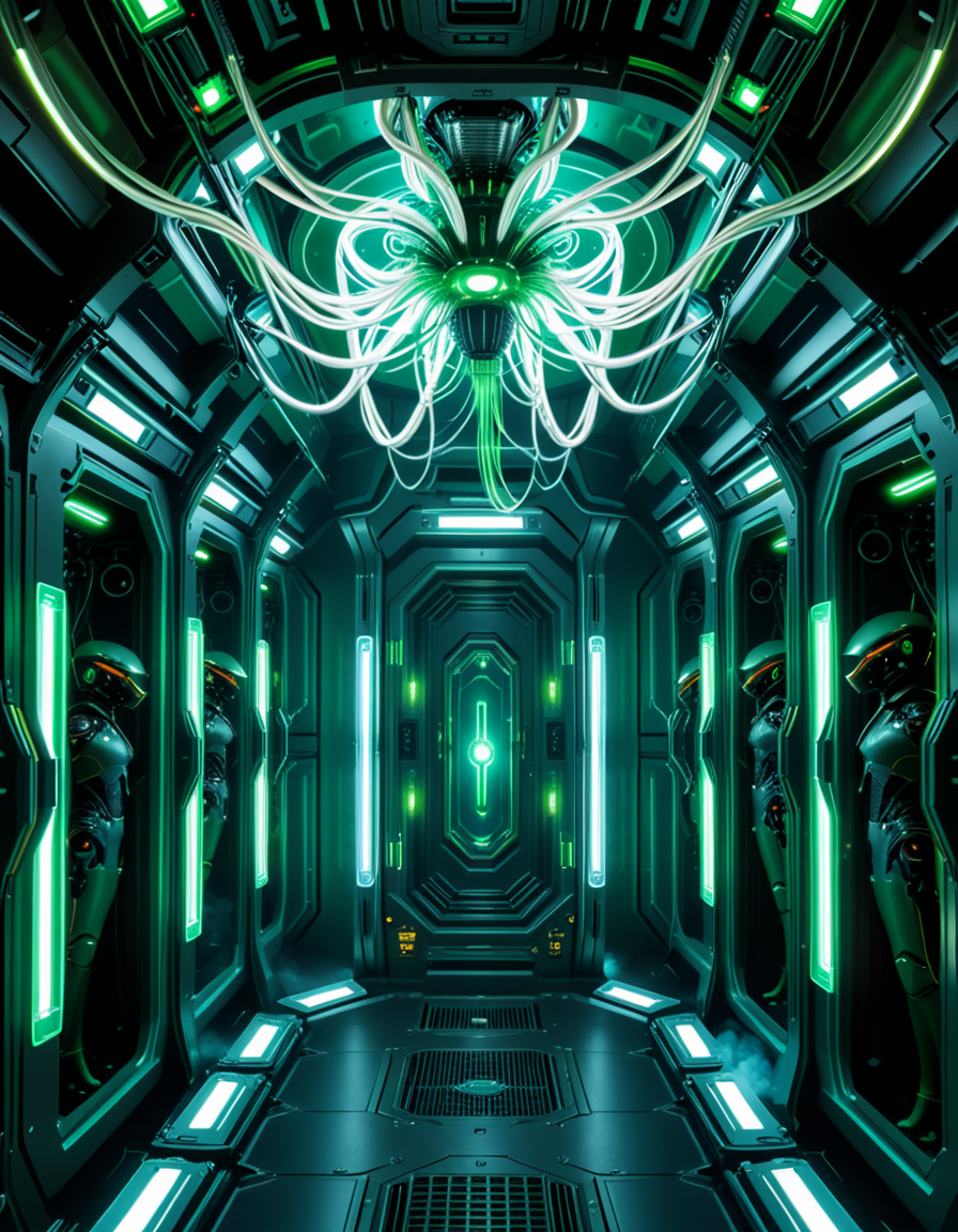 A dark, oppressive regeneration chamber deep within a Borg vessel â a biomechanical environment where drones return to recharge and interface with the collective. The chamber is dimly lit with pulsating green and white lights that flicker through dense shadows. The walls are lined with vertical alcoves, each containing a Borg drone standing motionless, plugged into the system via biomechanical tendrils, tubes, and neural interfaces embedded into their bodies.
The surfaces of the room are a fusion of metallic plating, organic texture, and cybernetic growths â as if the ship itself is alive, constantly shifting and adapting. Steam hisses softly from vents near the floor, and faint mechanical whirring echoes through the chamber. Fiber optic cables pulse with data transmissions, running across the ceiling like glowing veins. 
Above, a central neural conduit hangs like a mechanical spine from the ceiling, branching out and connecting to each alcove, feeding the collective hive mind with real-time information. The atmosphere is cold, sterile, and unnervingly silent â a place devoid of individuality, where only the will of the collective exists. There is no comfort here, only efficiency, order, and total control. 
<lora:SDXLFaeTastic2400:0.4> <lora:extremely_detailed:0.4> extremely detailed,<lora:borg_recharge_ch4mb3r:1>,borg recharge ch4mb3r, Masterpiece,best quality,hi res,8k,hi res,8k,award winning,(sharp focus, intricate, highly detailed),