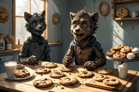 friendly werewolf offering cookies, bakery, self-made, mess, detailed shadows, questionable source, <lora:- SDXL - creature_variation_test_wwlf.nocap_V1.0:.8> <lora:- SDXL - TT-F_file_001_V1.0:.5> <lora:- SDXL - AI-Breaker_V3.5:.6> <lora:lora:0.8> <lora:SDXL - Style - EldritchRomanceIllustration1.3.1:0.4> <lora:- SDXL - creepy_n_freaks_V1.0:0.8> <lora:The_Simplest:0.8> <lora:ral-vxl:0.4> <lora:- SDXL - vanta-black_contrast_V3.0:0.8> <lora:- SDXL - sqrhmmr _Square-Hammer_Style_V1.0:0.4>