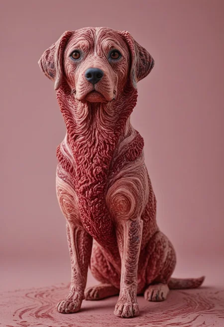 ((a cute chibby dog with big eyes made out of clay)), very detailed, 4k, sharp, eating rainbow wagyu meat made out of fractangles, novuschroma51 style