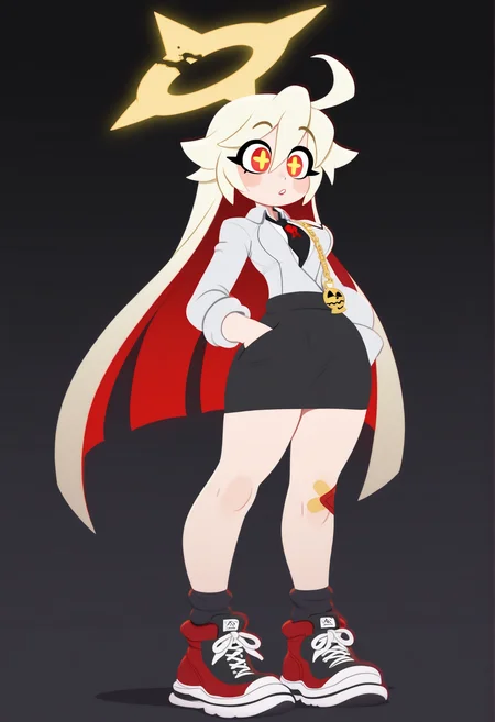 masterpiece,best quality,amazing quality, 1girl, solo, p0ch1, + +, hand in pocket, parted lips, necktie, closed mouth, coat, skirt, simple background, bandaid full body,very long hair, black skirt, halo, sneakers, blonde, multicolored hair, jack-o' valentine, red eyes, blonde hair,   <lora:pochi_science-000061:0.8>