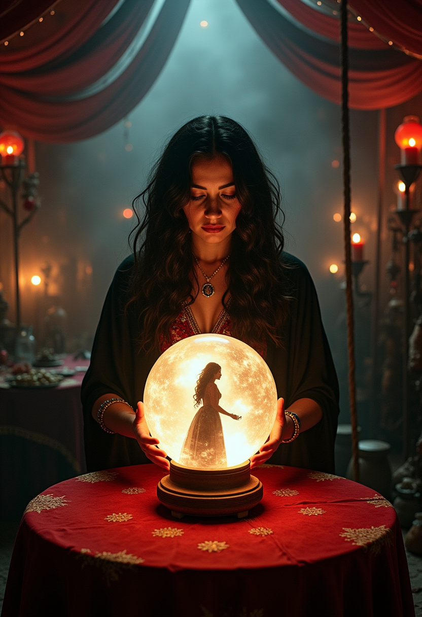 A gypsy romanian woman dark hair in gypsy clothing inside a smokey romanian carnival tent filled with curiosities and oddities, in front of the woman is a circular table with a red tablecloth and a mystical magical crystal ball in the center radiating and pulsating magical energy with a silhouette of a woman inside the crystal ball