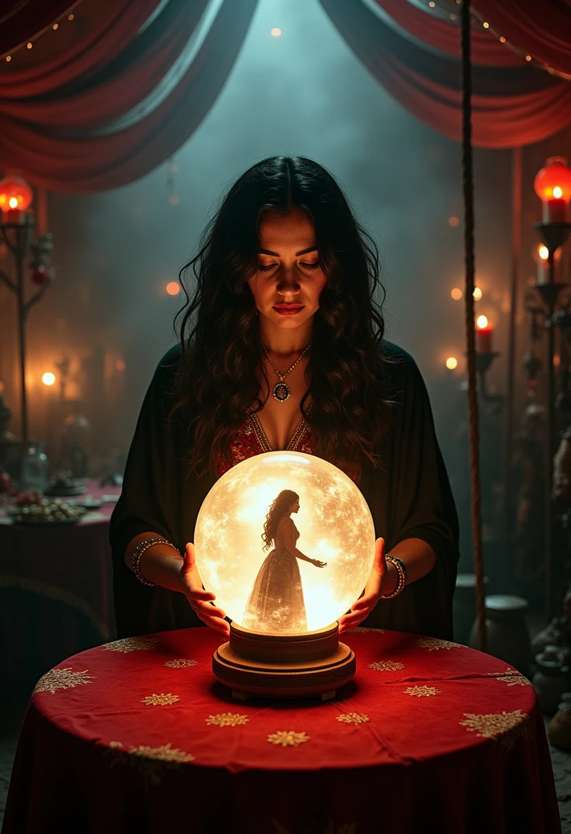 A gypsy romanian woman dark hair in gypsy clothing inside a smokey romanian carnival tent filled with curiosities and oddities, in front of the woman is a circular table with a red tablecloth and a mystical magical crystal ball in the center radiating and pulsating magical energy with a silhouette of a woman inside the crystal ball