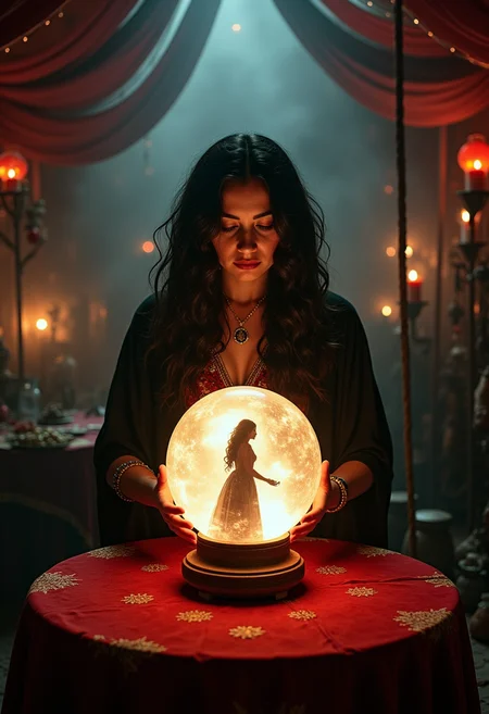 A gypsy romanian woman dark hair in gypsy clothing inside a smokey romanian carnival tent filled with curiosities and oddities, in front of the woman is a circular table with a red tablecloth and a mystical magical crystal ball in the center radiating and pulsating magical energy with a silhouette of a woman inside the crystal ball