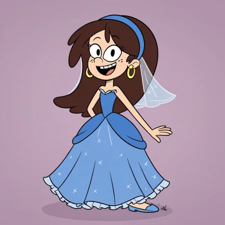 1 girl, solo, SidC, Freckles, Earrings, Hairband, Long Hair, Dark Brown Hair, Very long large straight tulle blue princess ball gown hoop skirt, ball gown hoop skirt, blue princess dress, hoopdress, my big princess gypsy wedding dress, ballgown, a girl in a dress posing like a princess for a picture, wearing a sleeveless ballgown, looking at viewer