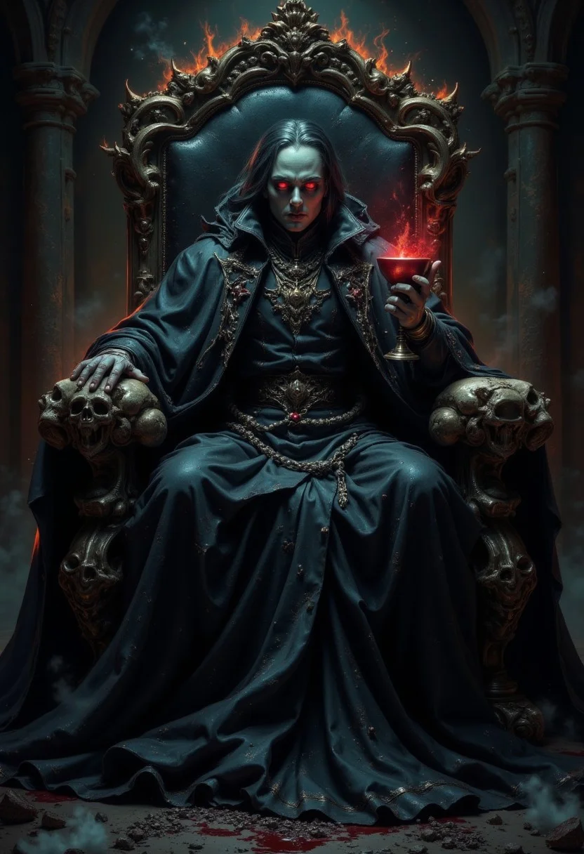 dark fantasy, eerie, horror, An ancient and powerful vampire lord, with pale skin and glowing red eyes, sits regally on a throne made entirely of human skulls. His long black cloak drapes over the throne, blending into the shadows surrounding him. He holds a gleaming, ornate goblet filled with dark crimson blood in one hand. The throne room is dimly lit, with flickering torches casting ominous shadows on the stone walls covered in dark gothic carvings. His expression is one of cold dominance and arrogance, while faint wisps of fog swirl at his feet, adding to the eerie atmosphere