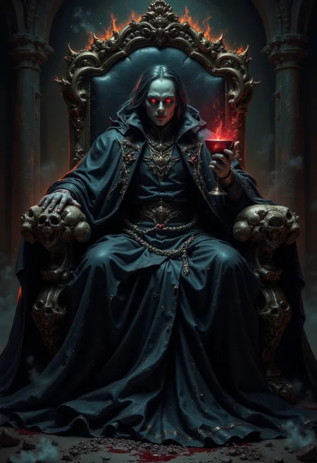 dark fantasy, eerie, horror, An ancient and powerful vampire lord, with pale skin and glowing red eyes, sits regally on a throne made entirely of human skulls. His long black cloak drapes over the throne, blending into the shadows surrounding him. He holds a gleaming, ornate goblet filled with dark crimson blood in one hand. The throne room is dimly lit, with flickering torches casting ominous shadows on the stone walls covered in dark gothic carvings. His expression is one of cold dominance and arrogance, while faint wisps of fog swirl at his feet, adding to the eerie atmosphere
