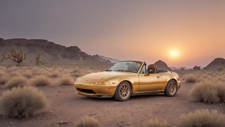 side view photo of gold MazdaMiata in a desert at sunrise, convertible top down, high quality photo, lens flare, bokeh, 8k resolution, gobo lights, warm ambient light, volumetric light, neon lights, depth of field, analog, foggy atmosphere, <lora:MazdaMiatav1:.8>, <lora:analogdiffusion_Lora300:.2>