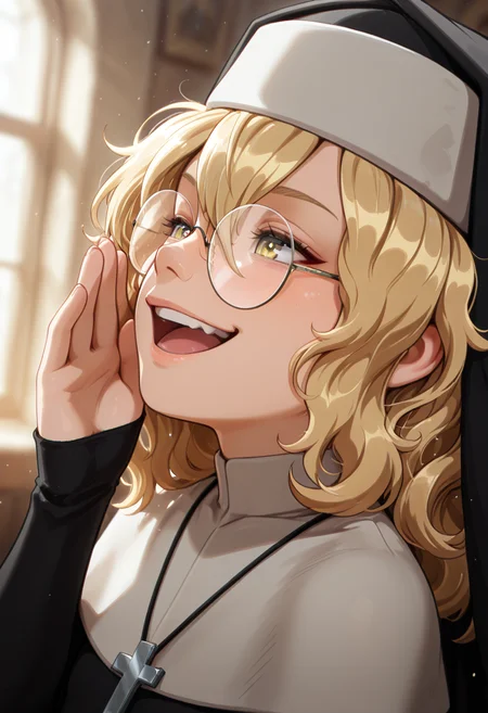 masterpiece, best quality, 32k, high resolution, absurdres
1girl, solo, mack, blonde hair, glasses, yellow eyes,
habit, nun , nun dress, cross necklace,
closeup, closeup to face, portrait, outside border, laughing, open mouth
indoors
light particles, dynamic angle, cinematic angle, various angles, detailed background, beautiful background, (rays light:1.0),(grow:1.0) vivid colors, shiny and glossy, anime style, high-res, beautiful aesthetic, very intricate, high-quality details, vibrant,
<lora:add-detail-xl:1.10> <lora:spo_sdxl_10ep_4k-data_lora_webui:0.95> <lora:noobai_ep11_stabilizer_v0.138_fp16:0.6> <lora:StS-Illustrious-Detail-Slider-v1.0:1.10> <lora:cfg_scale_boost:0.95> <lora:nyalia:0.20> <lora:MacKillop_illustrious:0.8>