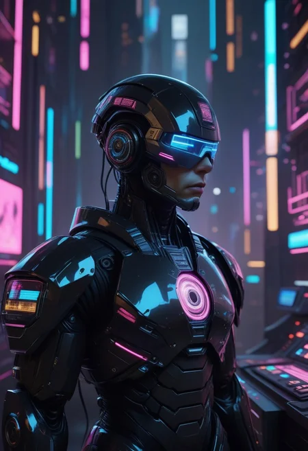 corporate enforcer in a dystopian metropolis, stern and authoritative expression, clad in sleek, black armor with glowing insignias, standing in a high-tech control room with holographic displays, skyscrapers visible through the large windows, air filled with the scent of artificial coolants and high-tech equipment, distant sounds of robotic announcements and city noise, use of 'high resolution', '8k', 'hyper-detailed', 'dystopian', 'cyberpunk', 'dramatic lighting' to highlight the character, 'depth of field' for immersive effect, 'HDR' for high dynamic range
