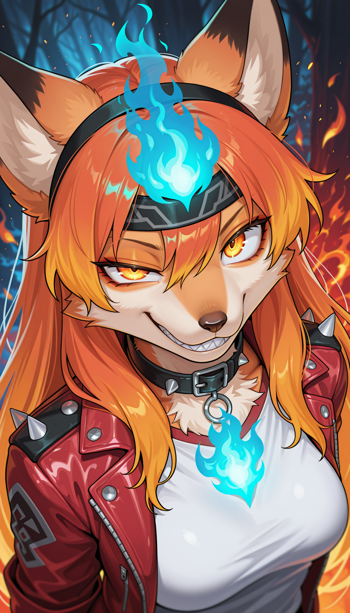 1girl, furry, anthro, dark ambient, glow, anthro furry female orange fox, phoenix fox girl, orange fur, long hair, gradient hair, orange flame hair AND (blue flame hair:1.2), hair between eyes, glowing gradient orange yellow eyes, large eyes, uneven eyes, enface portrait, small, medium breasts, looking at viewer, intimidating, smirk, smug, grin, crazy smile, sharp teeth, black headband with fire pattern, black collar with white spikes, leather flaming hot red jacket over white shirt, cinematic lighting, fluffy, portrait, face focus, dutch angle, from above, upturned eyes, (detailed multicolor fire forest background, fiery background:1.2), (blue fire:1.2) AND red fire, BREAK, detailed eyes, photorealistic details, depth of field, detailed fluffy fur, volumetric lighting